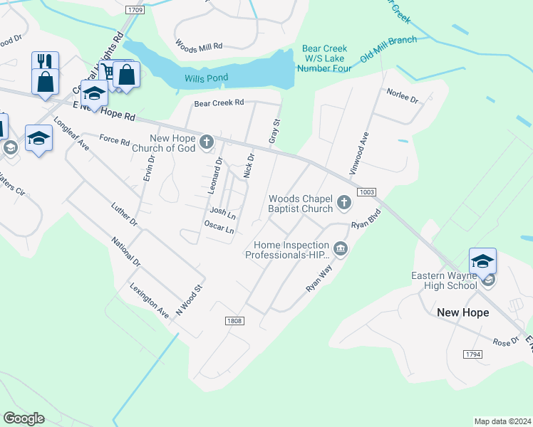 map of restaurants, bars, coffee shops, grocery stores, and more near 210 South Douglas Street in Goldsboro