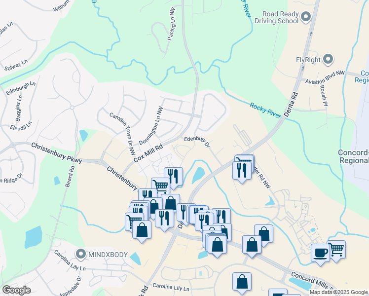 map of restaurants, bars, coffee shops, grocery stores, and more near 9137-9199 Edenbury Drive in Concord