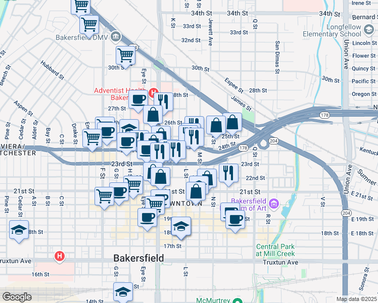 map of restaurants, bars, coffee shops, grocery stores, and more near 1201 24th Street in Bakersfield