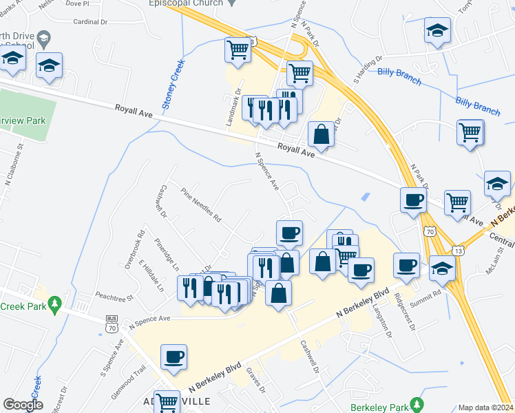 map of restaurants, bars, coffee shops, grocery stores, and more near 610 Hillcrest Place in Goldsboro