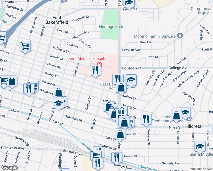map of restaurants, bars, coffee shops, grocery stores, and more near 2002 Quincy Street in Bakersfield