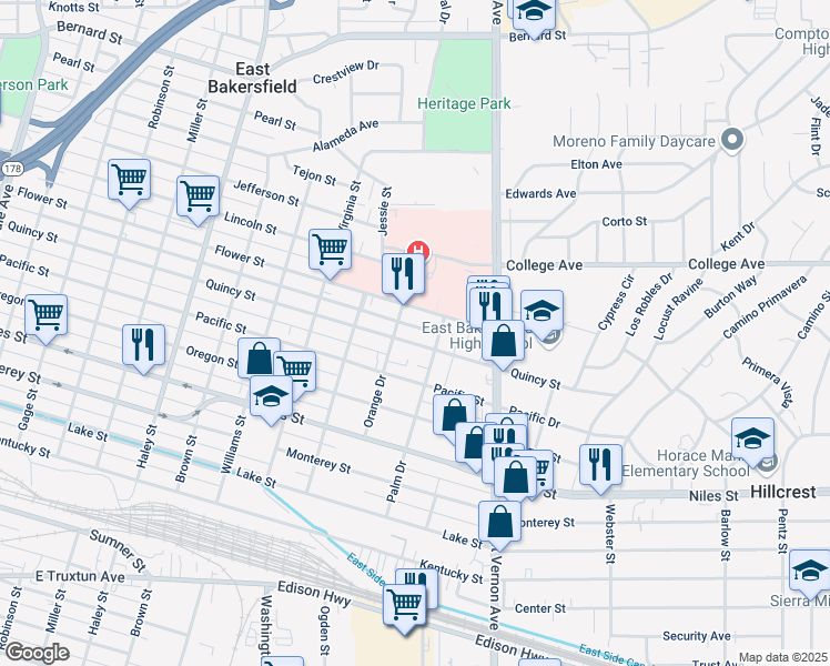 map of restaurants, bars, coffee shops, grocery stores, and more near 1905 Quincy Street in Bakersfield