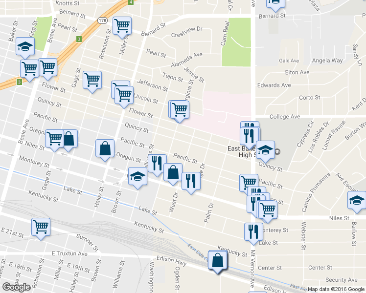 map of restaurants, bars, coffee shops, grocery stores, and more near 1708 Pacific Street in Bakersfield