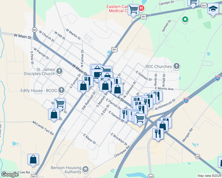 map of restaurants, bars, coffee shops, grocery stores, and more near 215 East Main Street in Benson