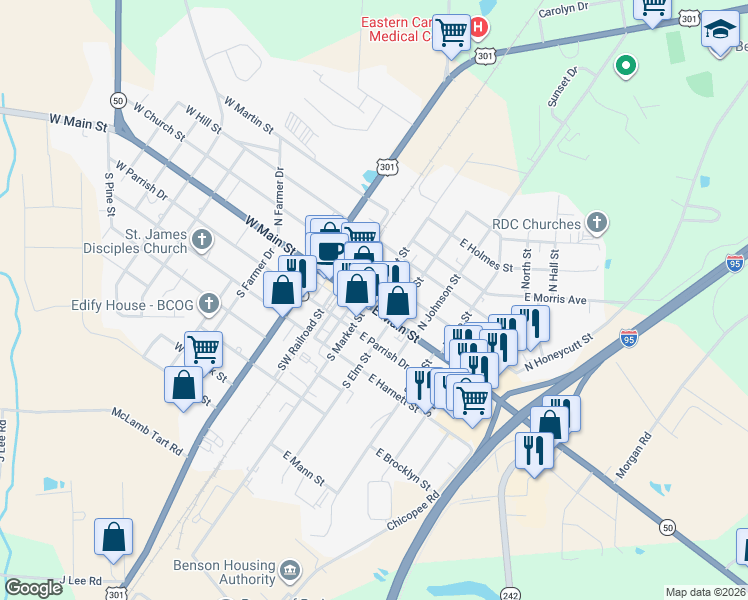 map of restaurants, bars, coffee shops, grocery stores, and more near 215 East Main Street in Benson