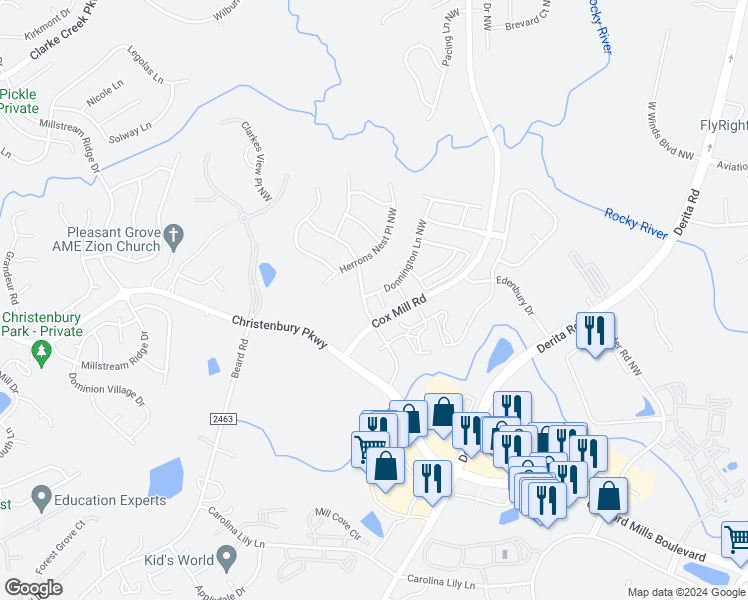 map of restaurants, bars, coffee shops, grocery stores, and more near 2345 Donnington Lane Northwest in Concord