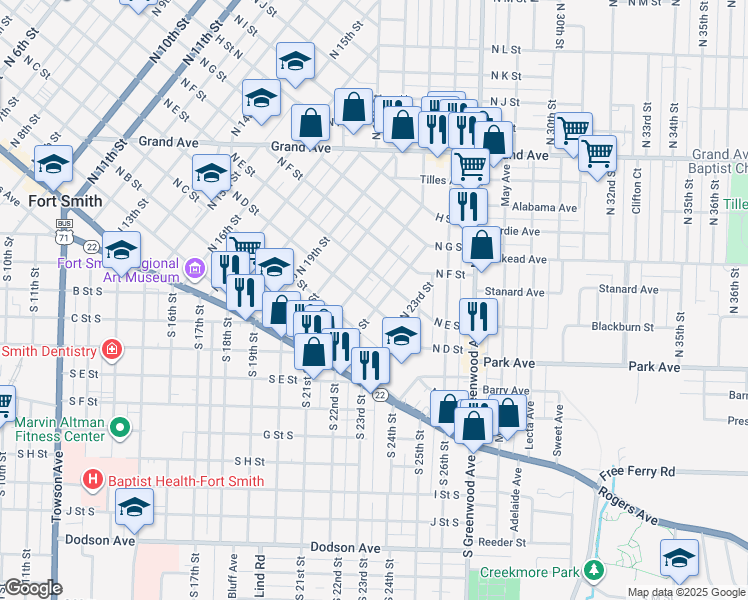 map of restaurants, bars, coffee shops, grocery stores, and more near 401 North 23rd Street in Fort Smith