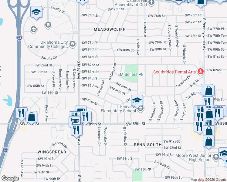 map of restaurants, bars, coffee shops, grocery stores, and more near 2636 Southwest 85th Street in Oklahoma City