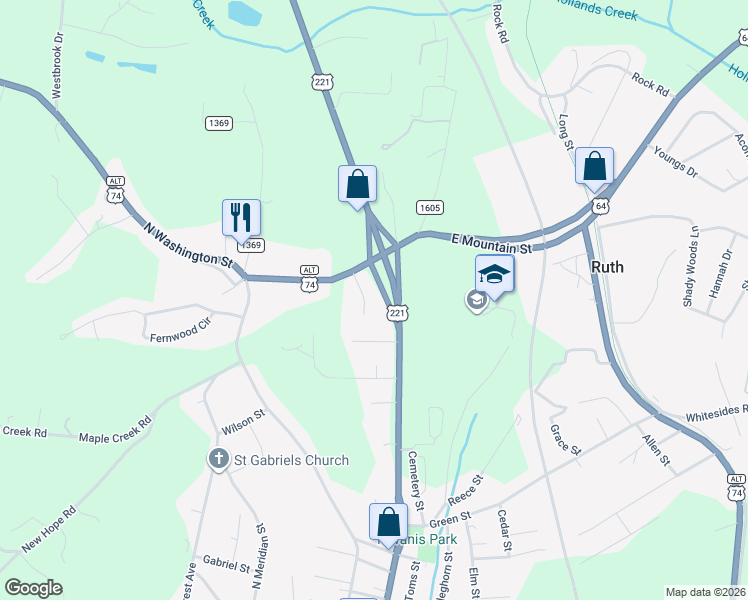 map of restaurants, bars, coffee shops, grocery stores, and more near 141 Justice Drive in Rutherfordton