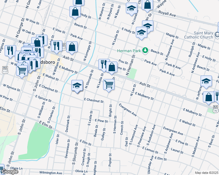 map of restaurants, bars, coffee shops, grocery stores, and more near 117 North Lionel Street in Goldsboro