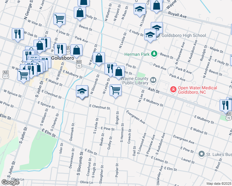 map of restaurants, bars, coffee shops, grocery stores, and more near 117 North Lionel Street in Goldsboro
