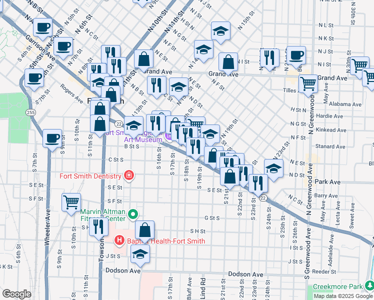 map of restaurants, bars, coffee shops, grocery stores, and more near 1700 Rogers Avenue in Fort Smith