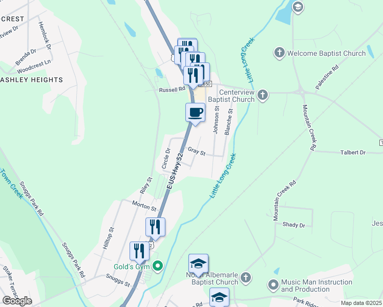 map of restaurants, bars, coffee shops, grocery stores, and more near 1611 Almond Street in Albemarle