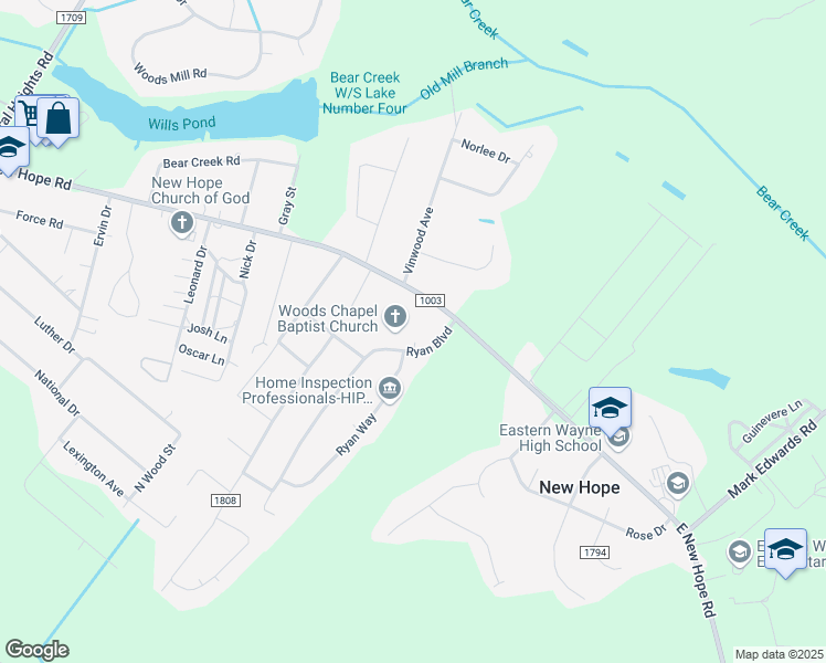 map of restaurants, bars, coffee shops, grocery stores, and more near 204 Patrick Court in Goldsboro