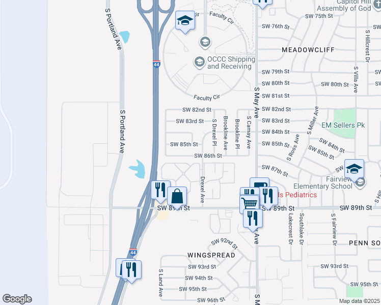map of restaurants, bars, coffee shops, grocery stores, and more near 3104 Southwest 86th Street in Oklahoma City