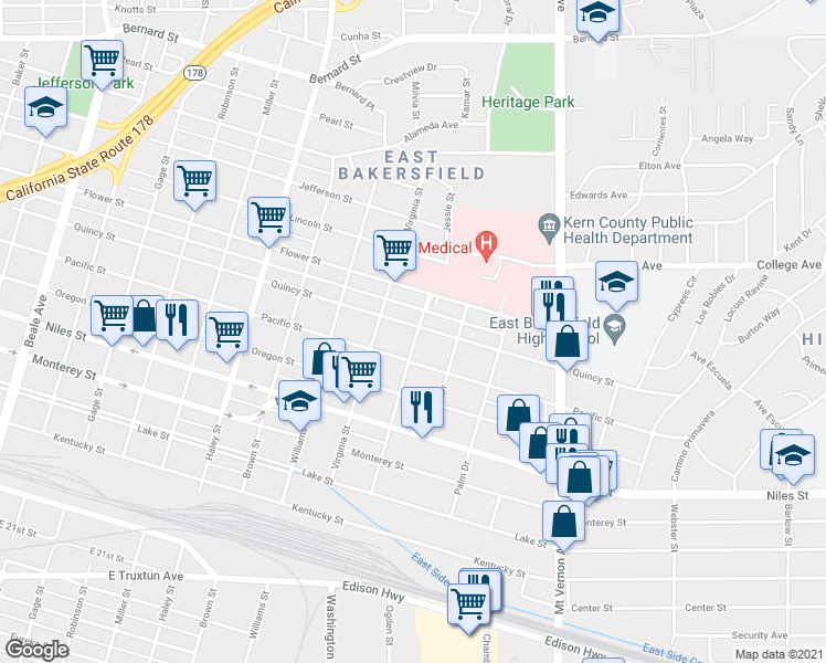 map of restaurants, bars, coffee shops, grocery stores, and more near 1729 Quincy Street in Bakersfield