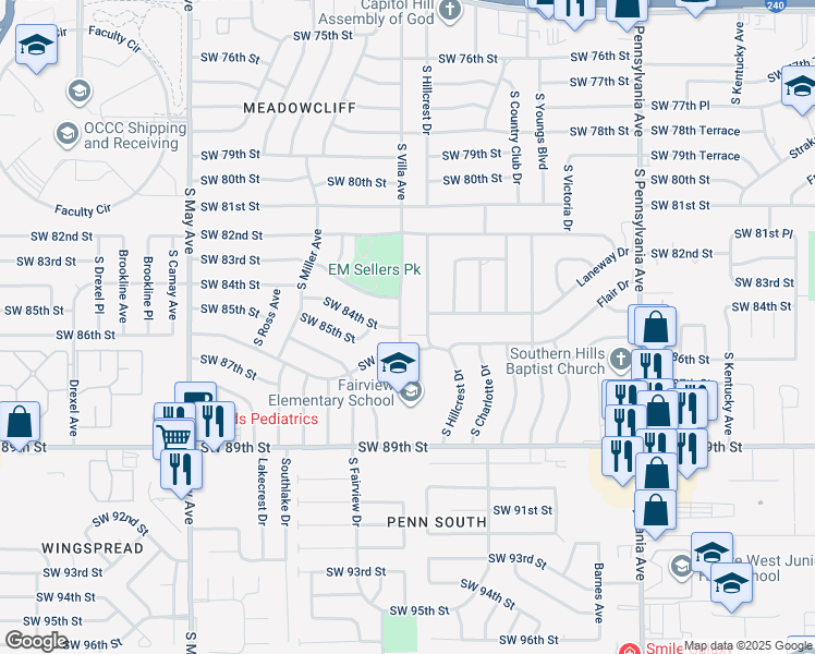 map of restaurants, bars, coffee shops, grocery stores, and more near 8504 South Villa Avenue in Oklahoma City