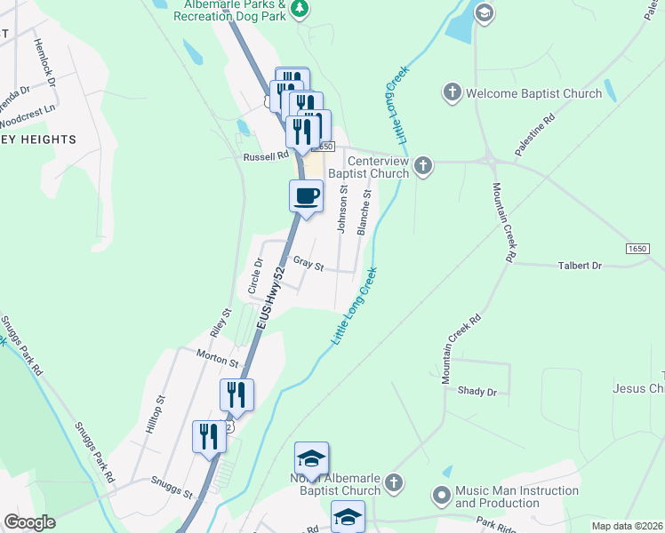 map of restaurants, bars, coffee shops, grocery stores, and more near 1695 Johnson Street in Albemarle