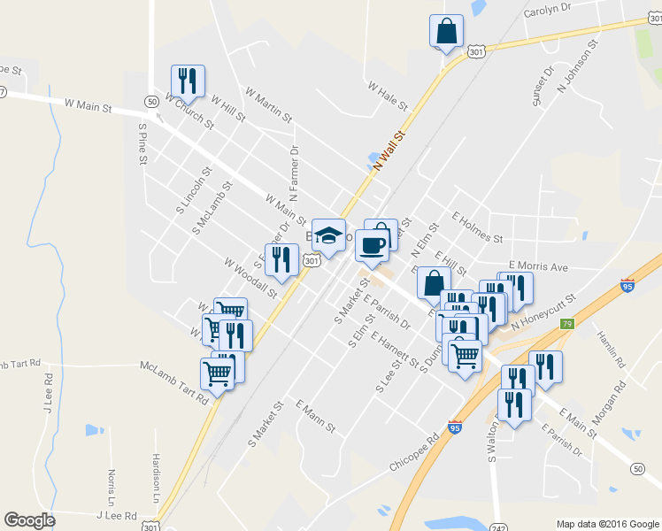 map of restaurants, bars, coffee shops, grocery stores, and more near 105 West Parrish Drive in Benson