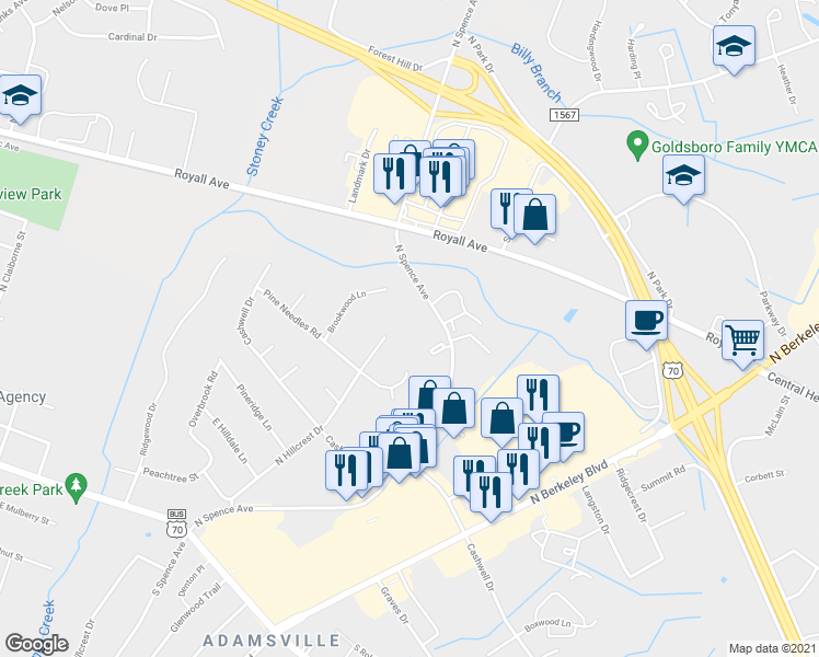 map of restaurants, bars, coffee shops, grocery stores, and more near 817 North Spence Avenue in Goldsboro