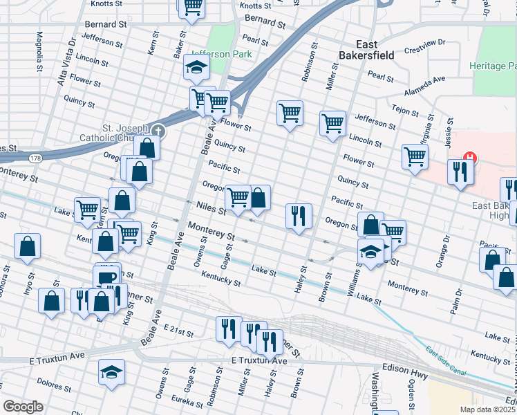 map of restaurants, bars, coffee shops, grocery stores, and more near 1125 Oregon Street in Bakersfield