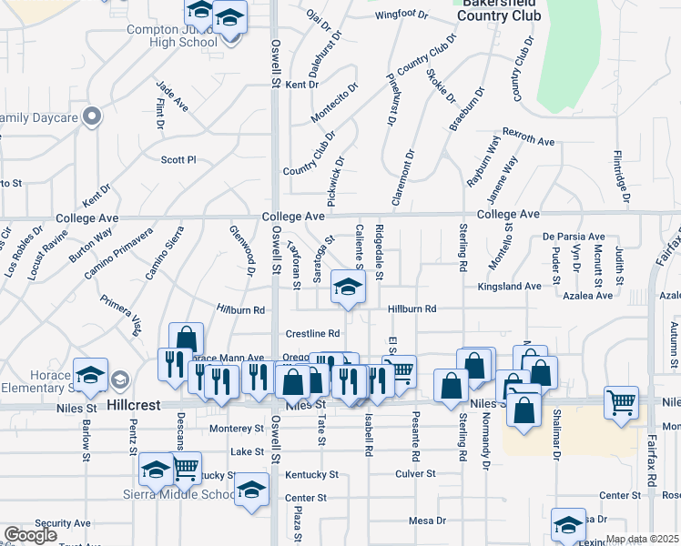 map of restaurants, bars, coffee shops, grocery stores, and more near 5205 Laguna Street in Bakersfield