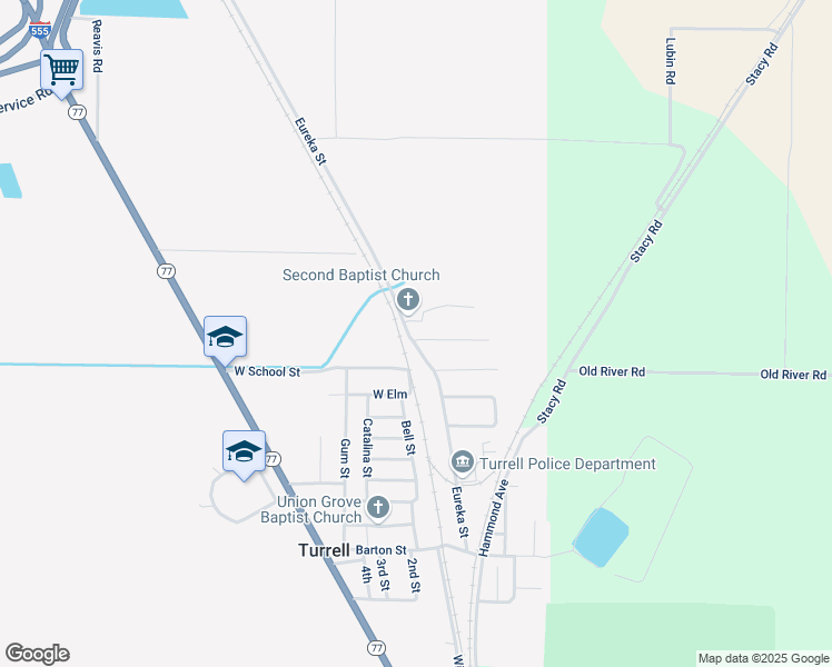 map of restaurants, bars, coffee shops, grocery stores, and more near 444 Church in Turrell