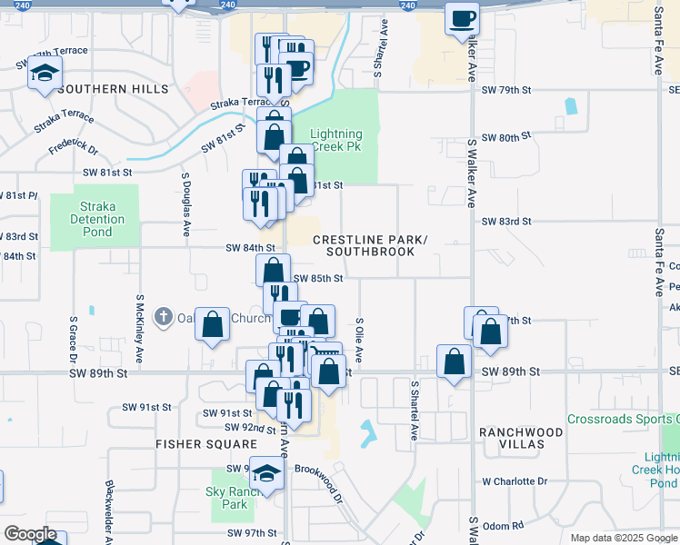 map of restaurants, bars, coffee shops, grocery stores, and more near 801 Southwest 85th Street in Oklahoma City