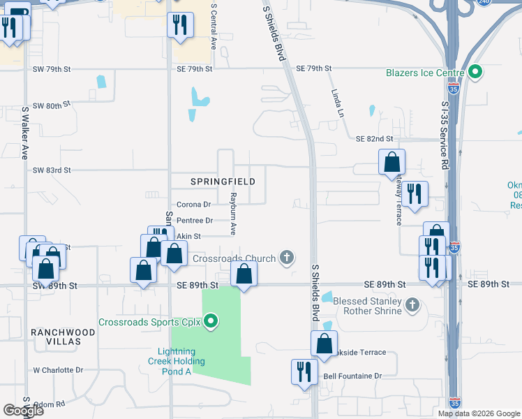 map of restaurants, bars, coffee shops, grocery stores, and more near 212 Corona Drive in Oklahoma City