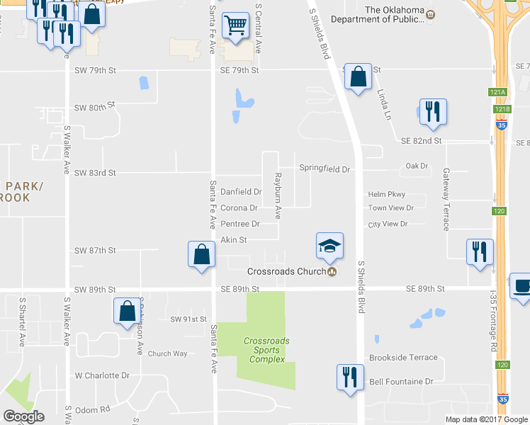 map of restaurants, bars, coffee shops, grocery stores, and more near 100 Corona Drive in Oklahoma City