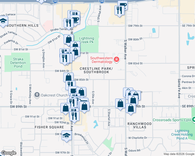 map of restaurants, bars, coffee shops, grocery stores, and more near 732 Southwest 85th Street in Oklahoma City