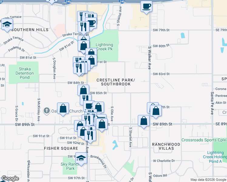 map of restaurants, bars, coffee shops, grocery stores, and more near 800 Southwest 85th Street in Oklahoma City