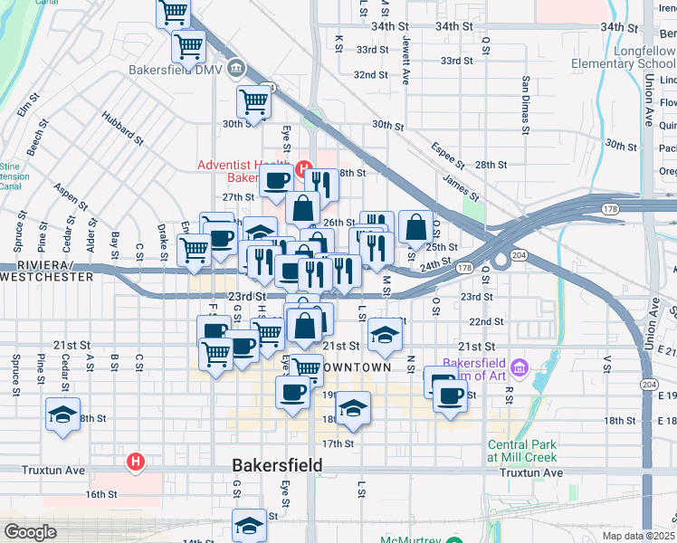 map of restaurants, bars, coffee shops, grocery stores, and more near 24th Street & K Street in Bakersfield