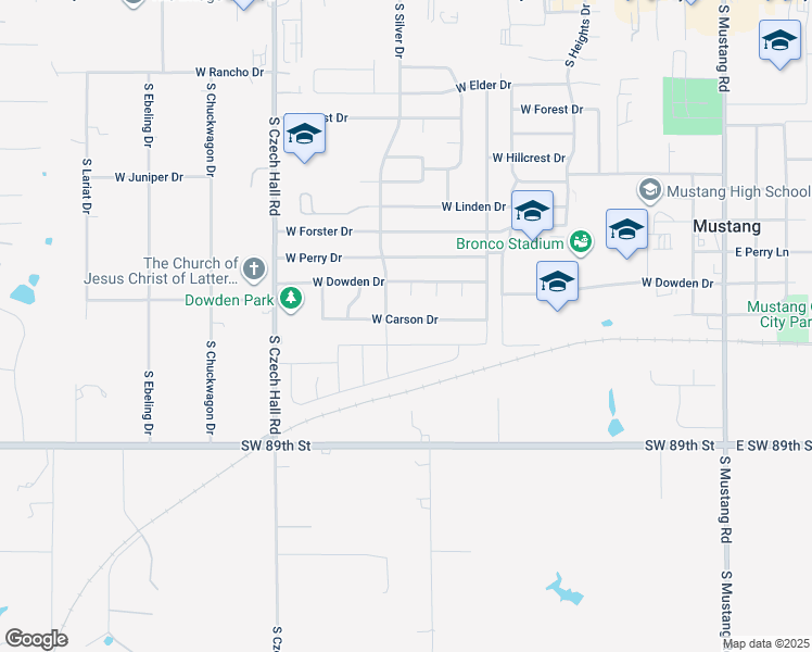 map of restaurants, bars, coffee shops, grocery stores, and more near 632 West Carson Drive in Mustang