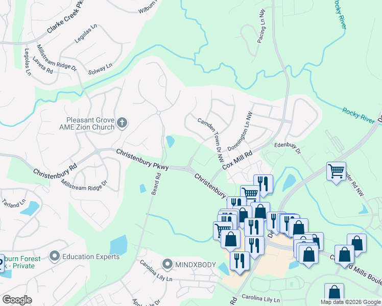 map of restaurants, bars, coffee shops, grocery stores, and more near 9620 Christenbury Parkway in Concord