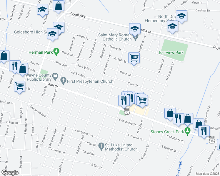 map of restaurants, bars, coffee shops, grocery stores, and more near 405 North Jefferson Avenue in Goldsboro