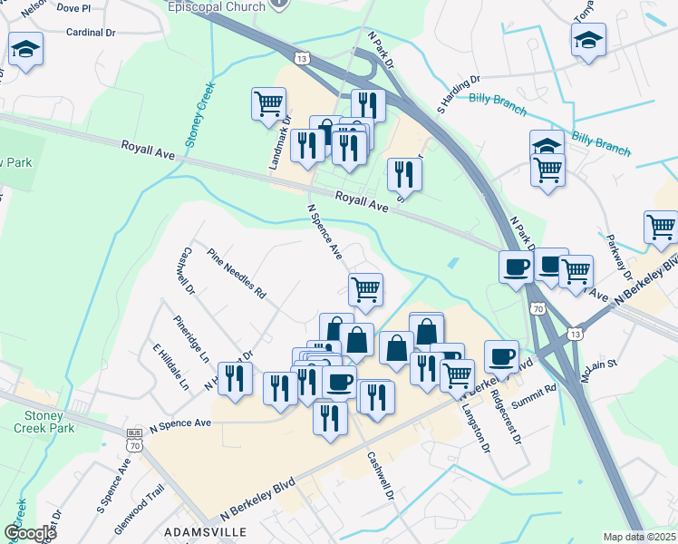 map of restaurants, bars, coffee shops, grocery stores, and more near 803 North Spence Avenue in Goldsboro