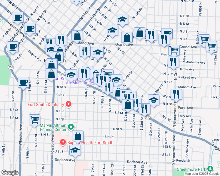 map of restaurants, bars, coffee shops, grocery stores, and more near 1825 North A Street in Fort Smith