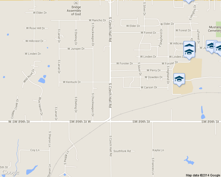 map of restaurants, bars, coffee shops, grocery stores, and more near 1308 South Czech Hall Road in Mustang