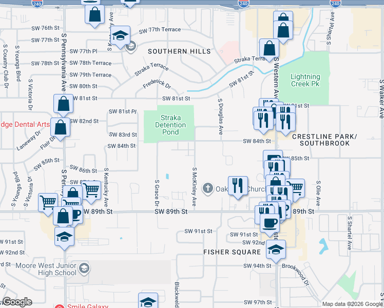 map of restaurants, bars, coffee shops, grocery stores, and more near 8615 South McKinley Avenue in Oklahoma City