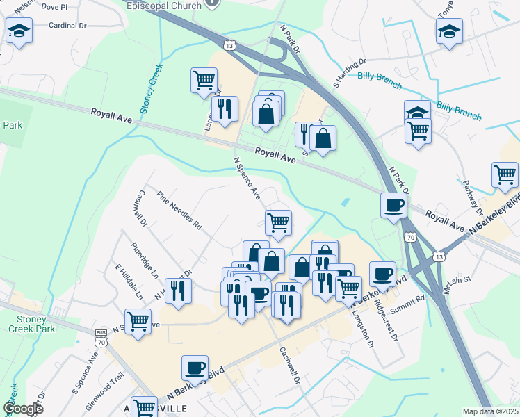 map of restaurants, bars, coffee shops, grocery stores, and more near 721 North Spence Avenue in Goldsboro