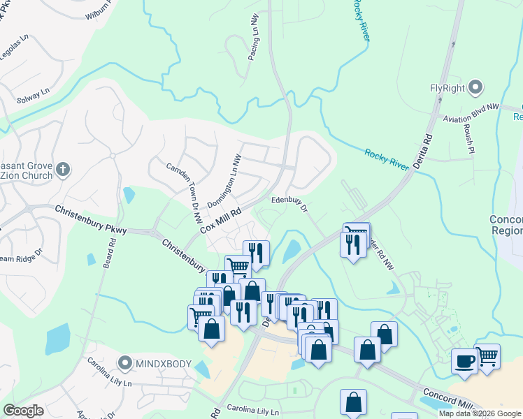 map of restaurants, bars, coffee shops, grocery stores, and more near 9201-9579 Cox Mill Road in Concord