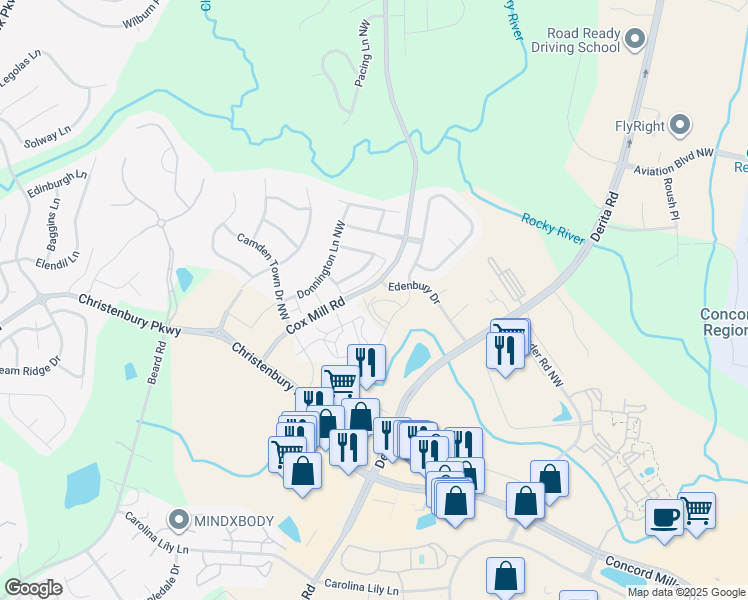 map of restaurants, bars, coffee shops, grocery stores, and more near 9201-9579 Cox Mill Road in Concord