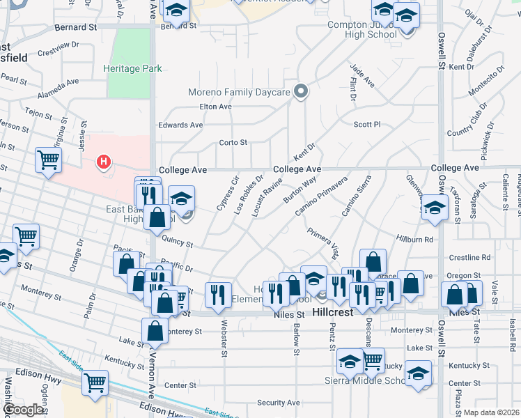map of restaurants, bars, coffee shops, grocery stores, and more near 1717 Locust Ravine in Bakersfield