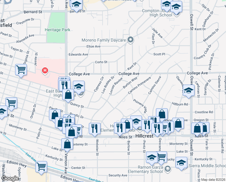 map of restaurants, bars, coffee shops, grocery stores, and more near 1713 Burton Way in Bakersfield