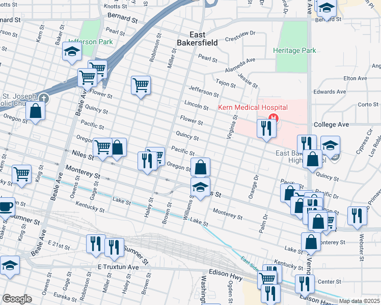 map of restaurants, bars, coffee shops, grocery stores, and more near 1506 Pacific Street in Bakersfield
