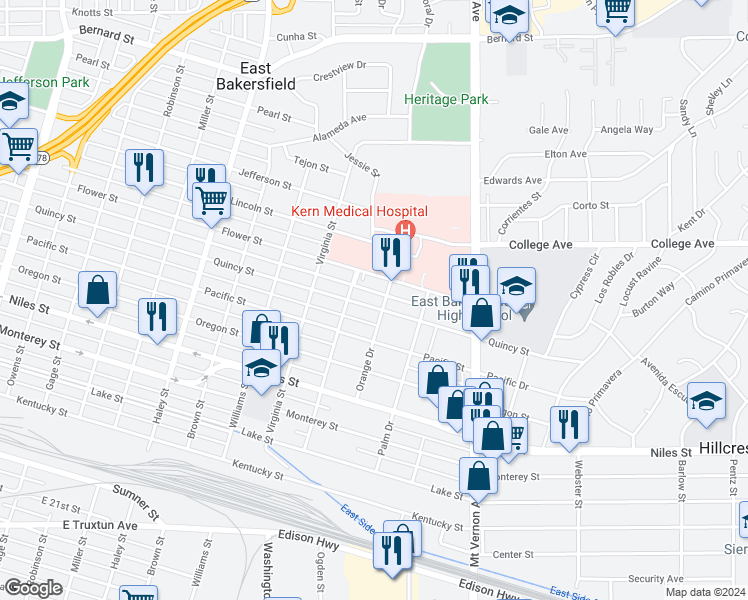 map of restaurants, bars, coffee shops, grocery stores, and more near in Kern County