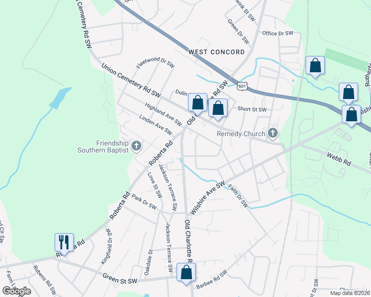 map of restaurants, bars, coffee shops, grocery stores, and more near 599 Splicewood Drive Southwest in Concord