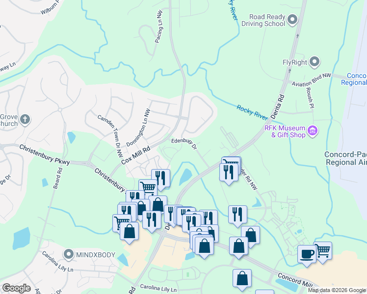 map of restaurants, bars, coffee shops, grocery stores, and more near 8901-9083 Edenbury Drive in Concord