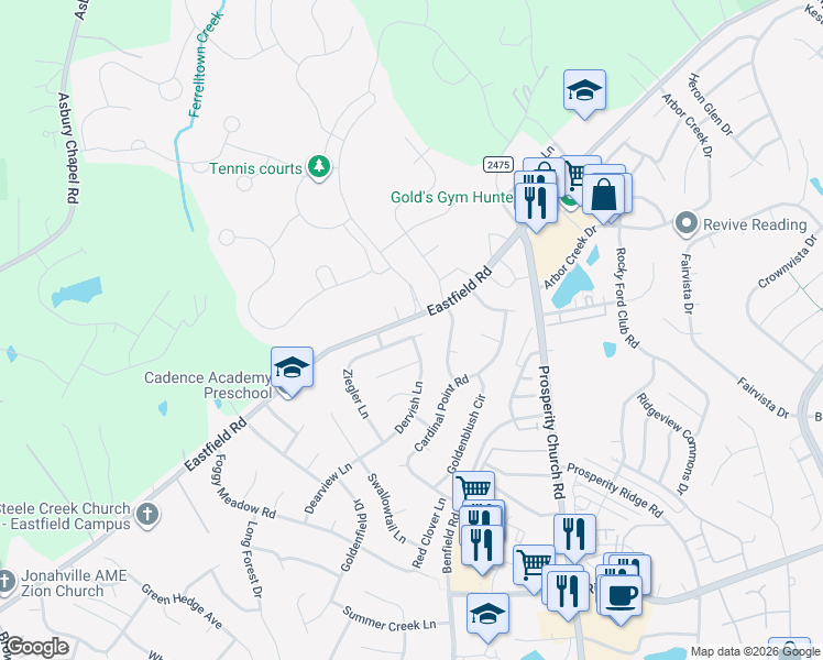 map of restaurants, bars, coffee shops, grocery stores, and more near 6637 Ziegler Lane in Charlotte